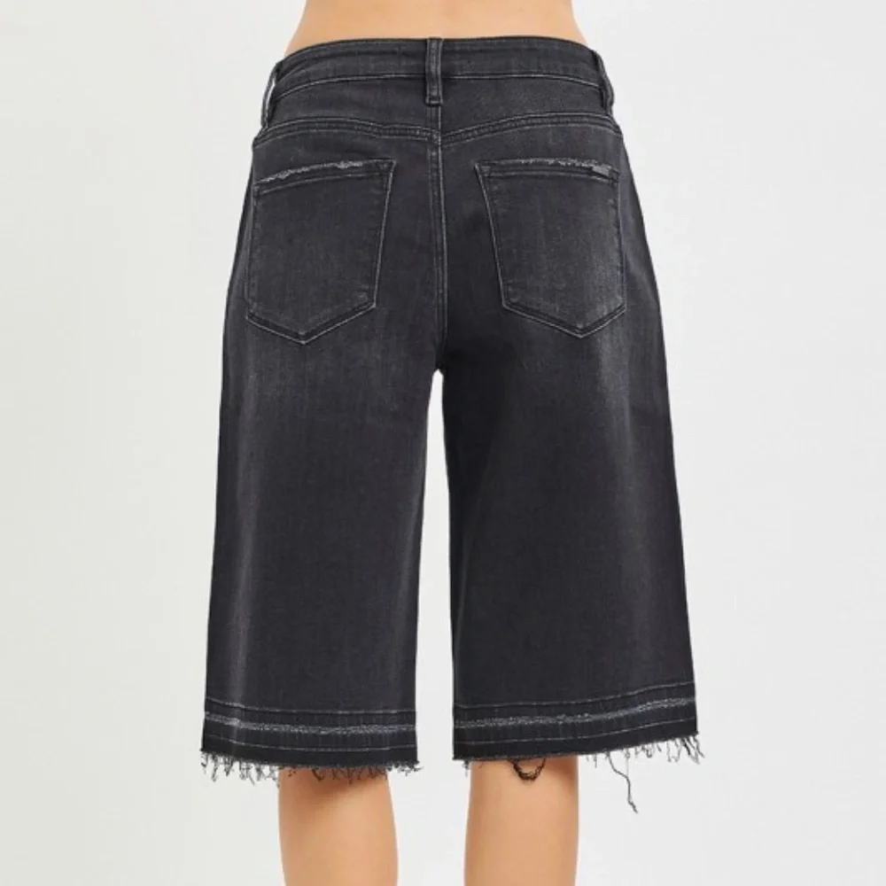 Mineral Wash Black  Rhinestone Detail Raw Hem Denim Shorts Jorts